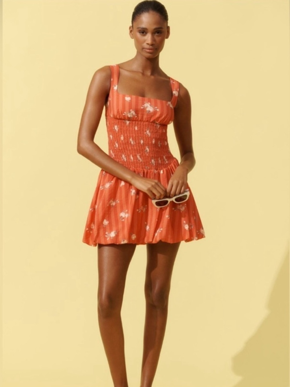 Anthropologie Coral Floral Smocked Mini Dress